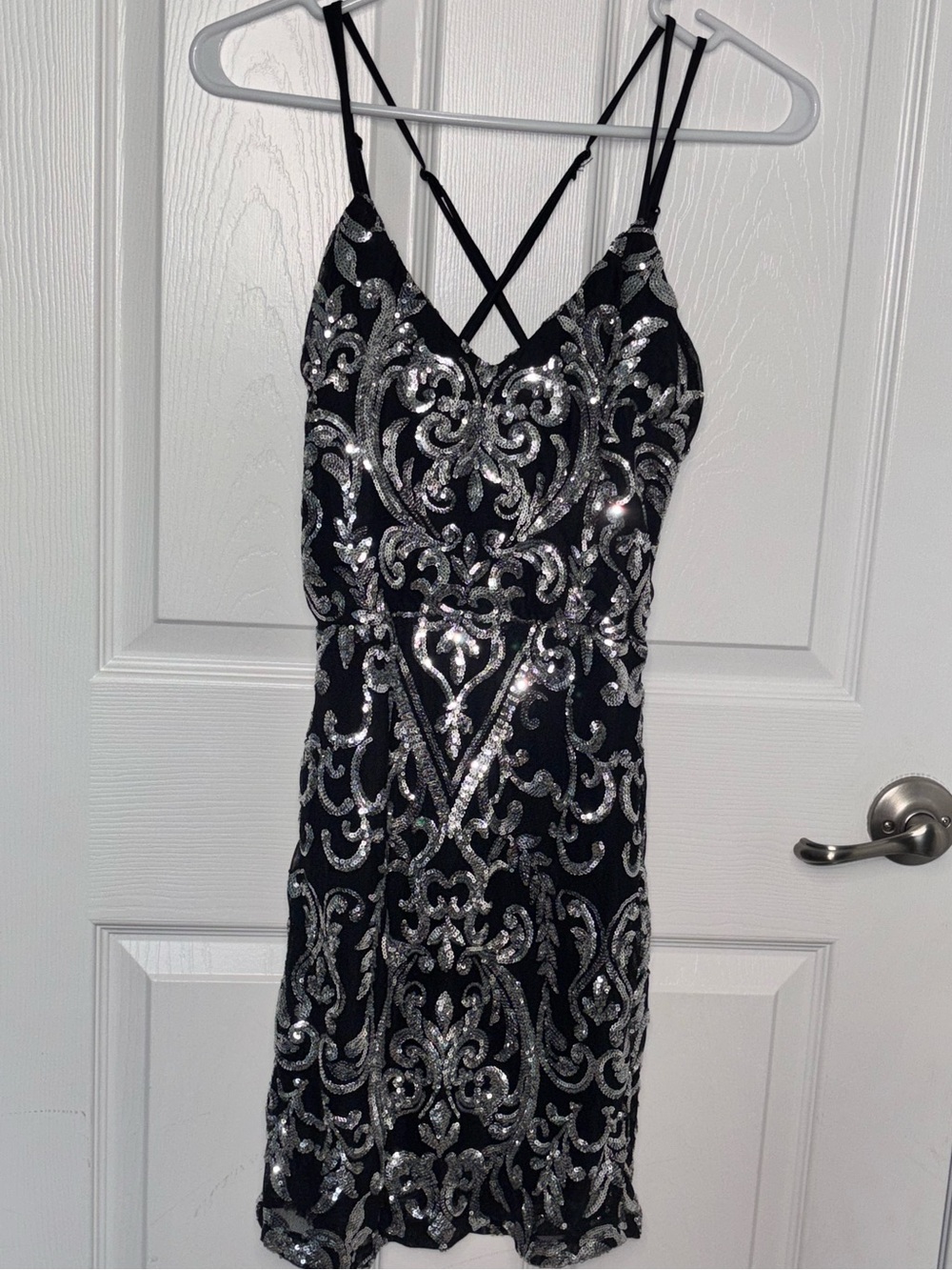 Black Sequin V-Neck Dress with Silver Embellishment